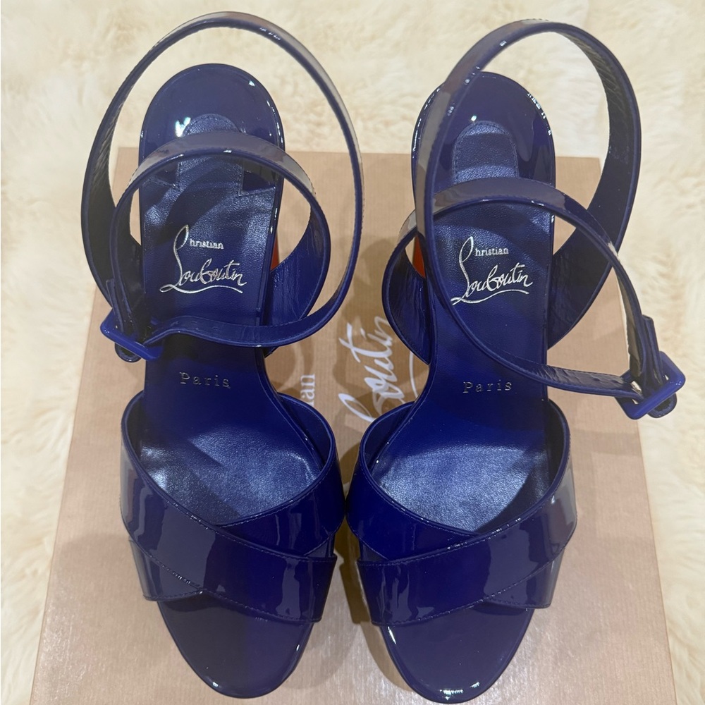Christian Louboutin “Supramariza”  Dark Blue Patent Leather Platform Sandals